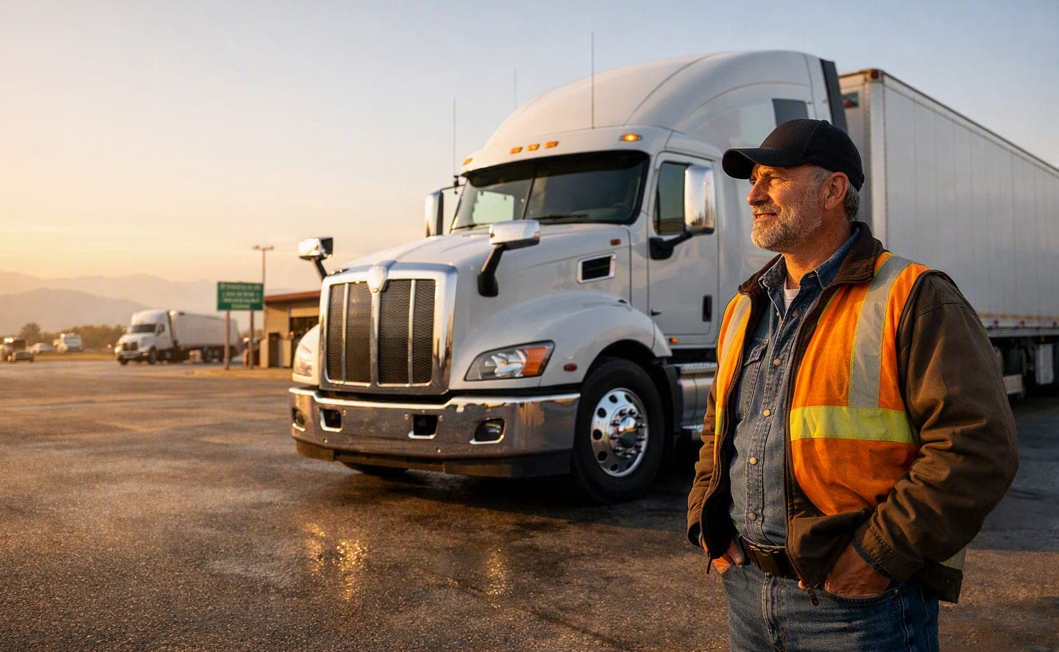 A driver in a hi-vis vest standing beside his tractor-trailer at a truck stop at dawn.