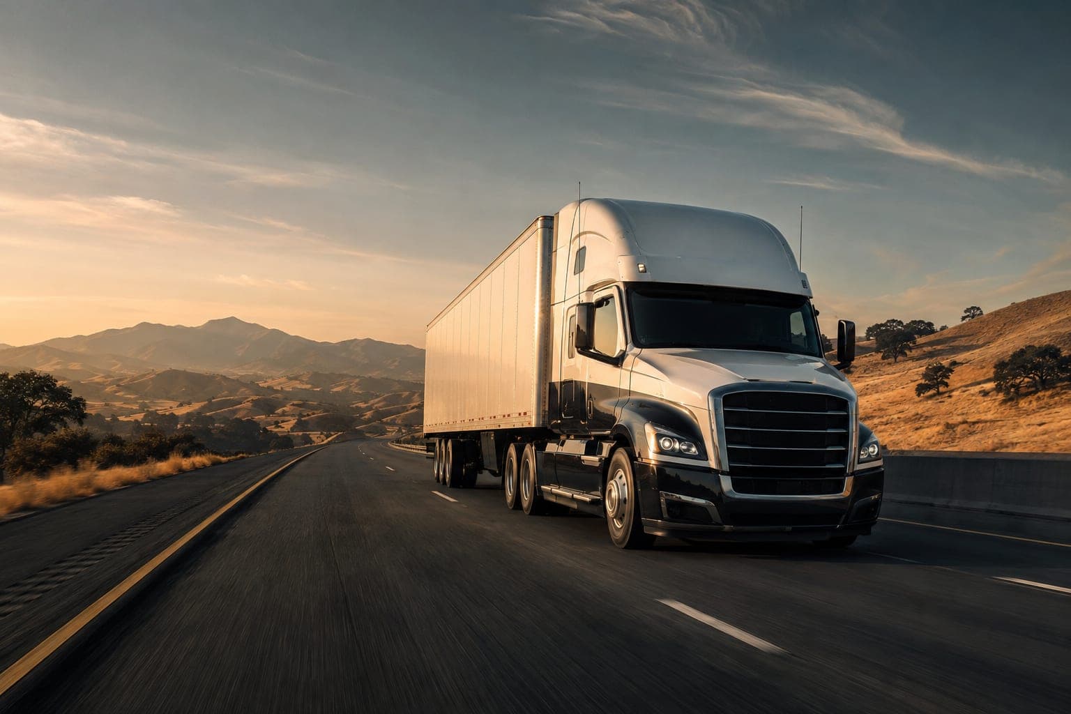 A tractor-trailer running an interstate highway at sunset.