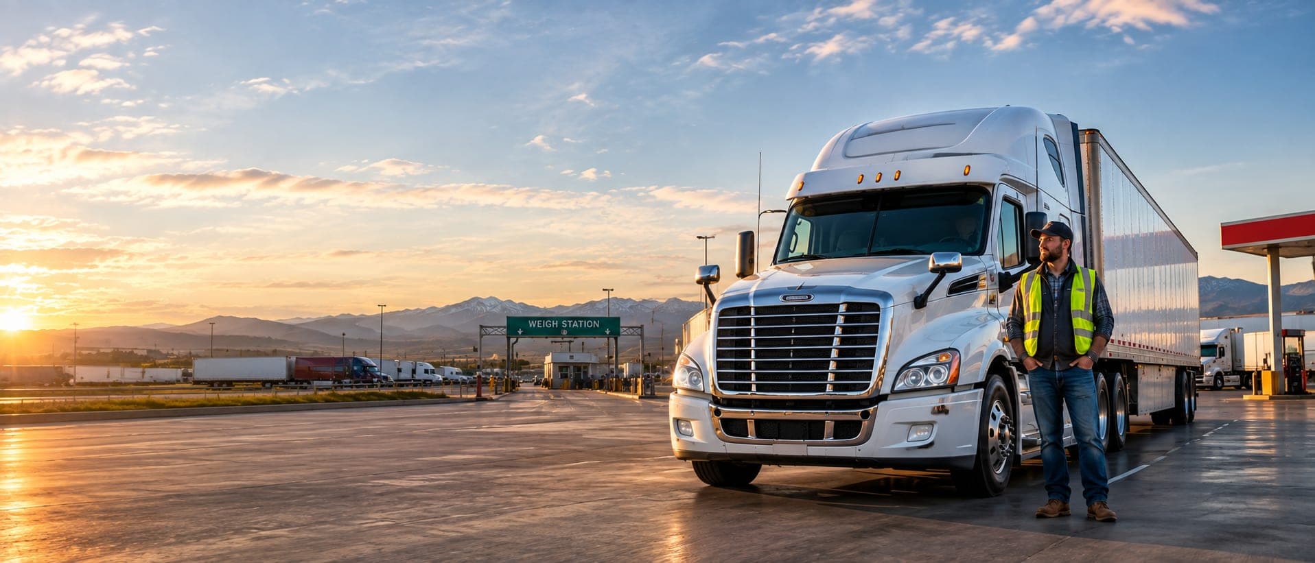 A tractor-trailer waiting at a weigh station at dusk, the driver standing beside the cab.